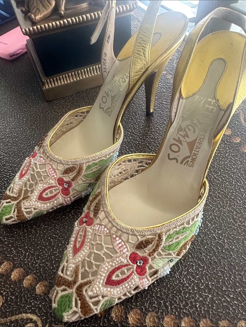 NEW Ferragamo’s Limited Edition 21 of 150 Gold Slingback Embroidered Heels